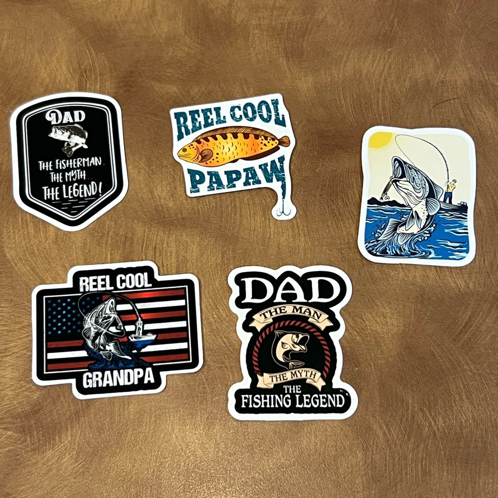 Black and White Fisherman Dad / grandpa stickers, set of 5 , New
